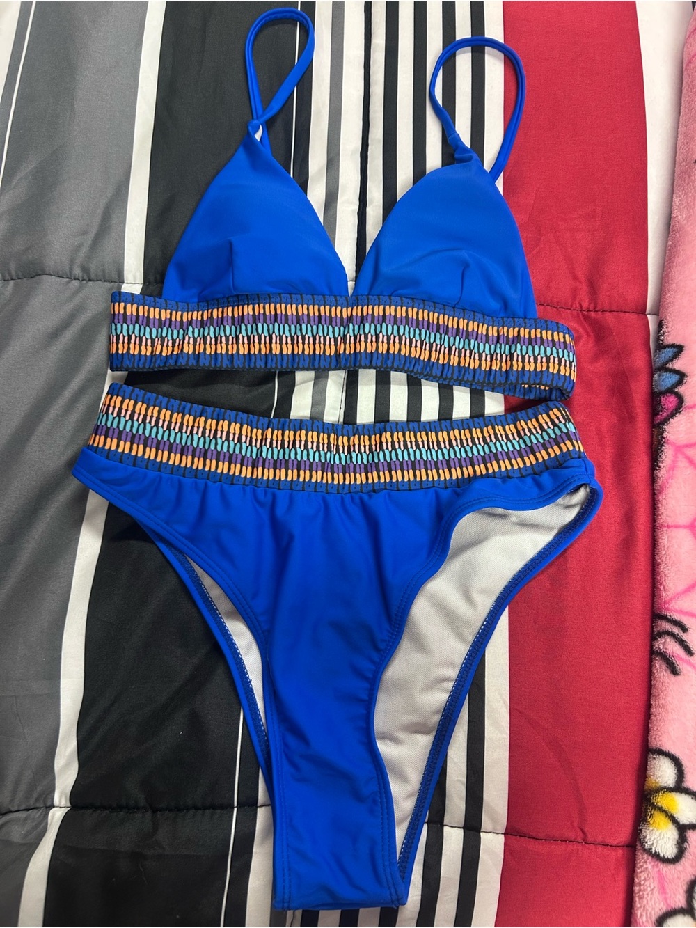 SHEIN Blue Two-Piece Bikini with Multicolor Smocked Band